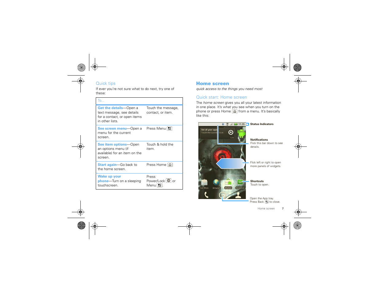 Quick tips, Home screen, Quick start: home screen | Motorola 68000202880-A User Manual | Page 9 / 68