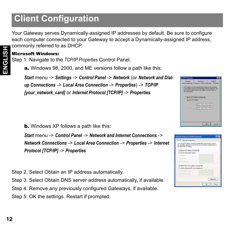 Client configuration, Microsoft windows, English | Motorola Netopia Gigabit Gateway 2108-D9/N9 User Manual | Page 12 / 18