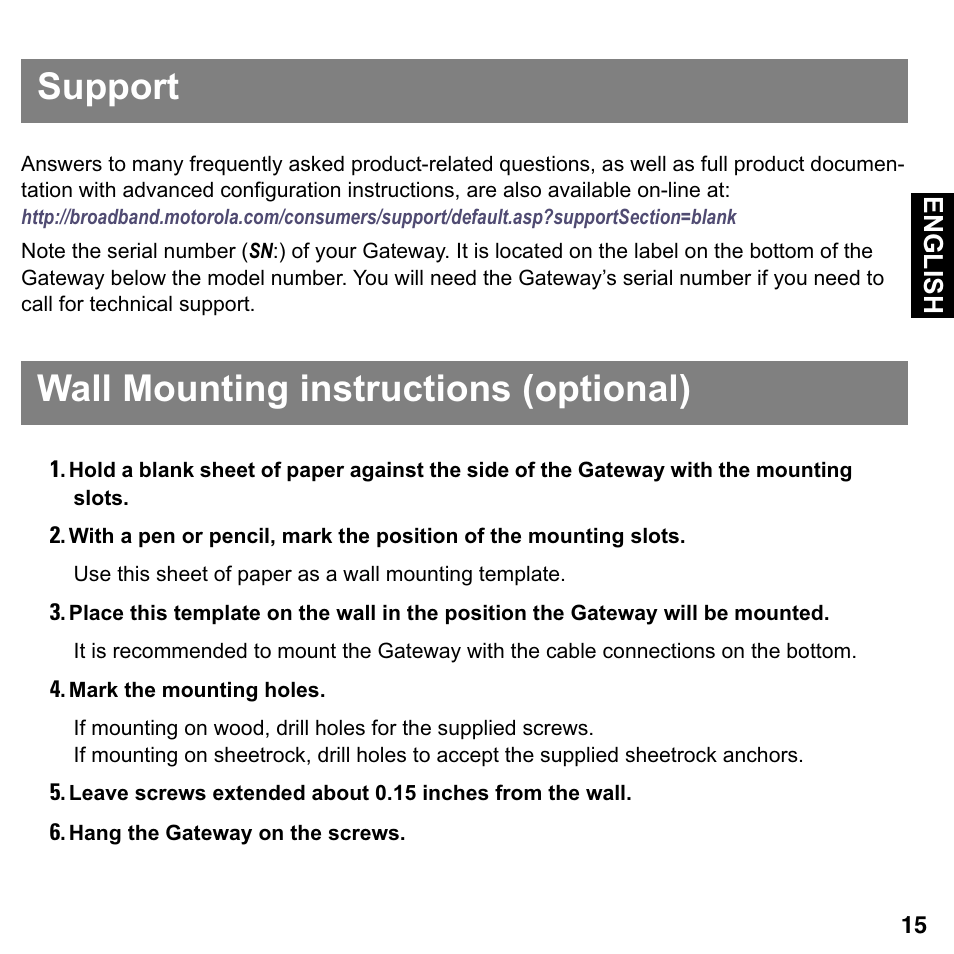 Support, Wall mounting instructions (optional), Support wall mounting instructions (optional) | Motorola Netopia Gigabit Gateway 2108-D9/N9 User Manual | Page 15 / 18