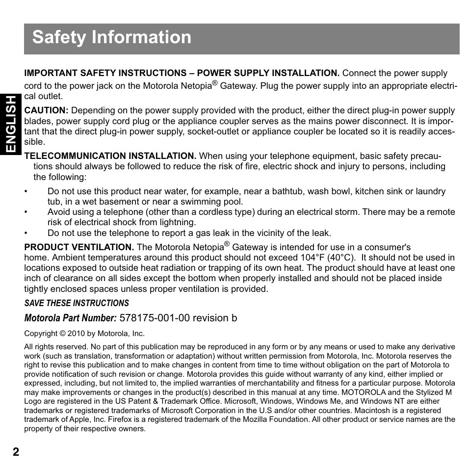 Safety information, Caution, Telecommunication installation | Product ventilation, English | Motorola Netopia Gigabit Gateway 2108-D9/N9 User Manual | Page 2 / 18