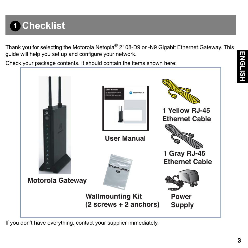 Checklist, English | Motorola Netopia Gigabit Gateway 2108-D9/N9 User Manual | Page 3 / 18
