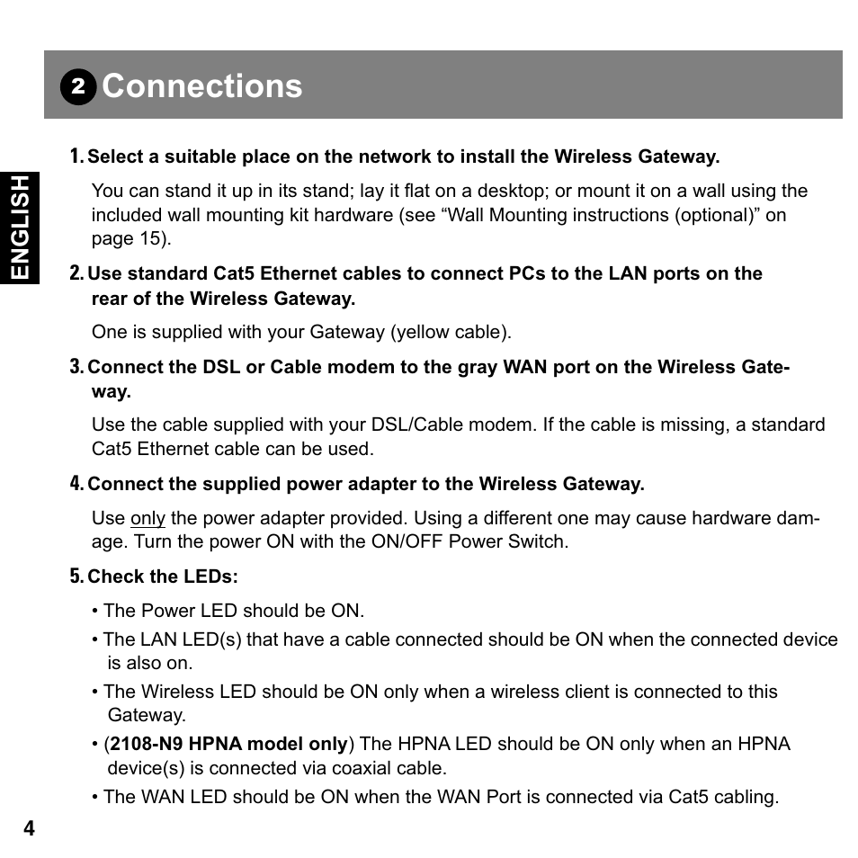 Connections, English | Motorola Netopia Gigabit Gateway 2108-D9/N9 User Manual | Page 4 / 18