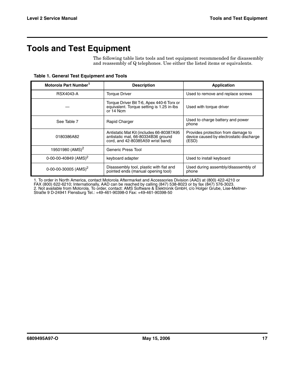 Tools and test equipment | Motorola CDMA 800/1900 MHz User Manual | Page 17 / 48