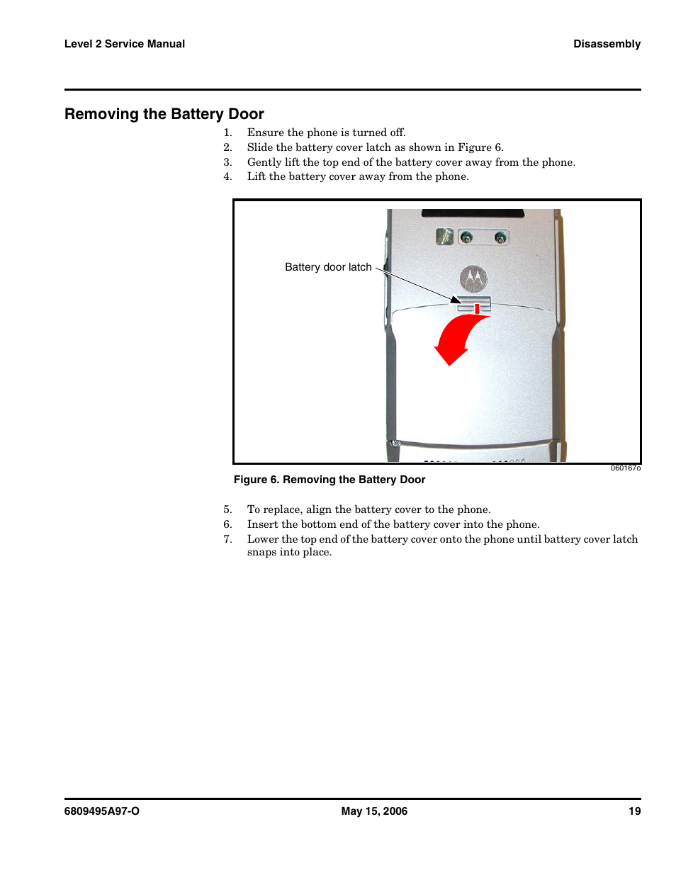 Removing the battery door | Motorola CDMA 800/1900 MHz User Manual | Page 19 / 48