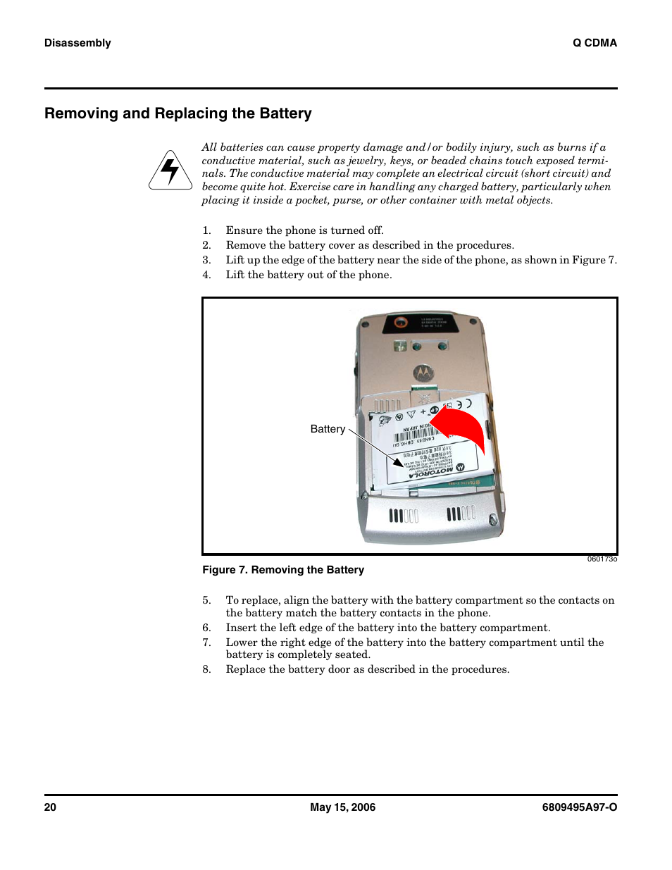 Removing and replacing the battery | Motorola CDMA 800/1900 MHz User Manual | Page 20 / 48