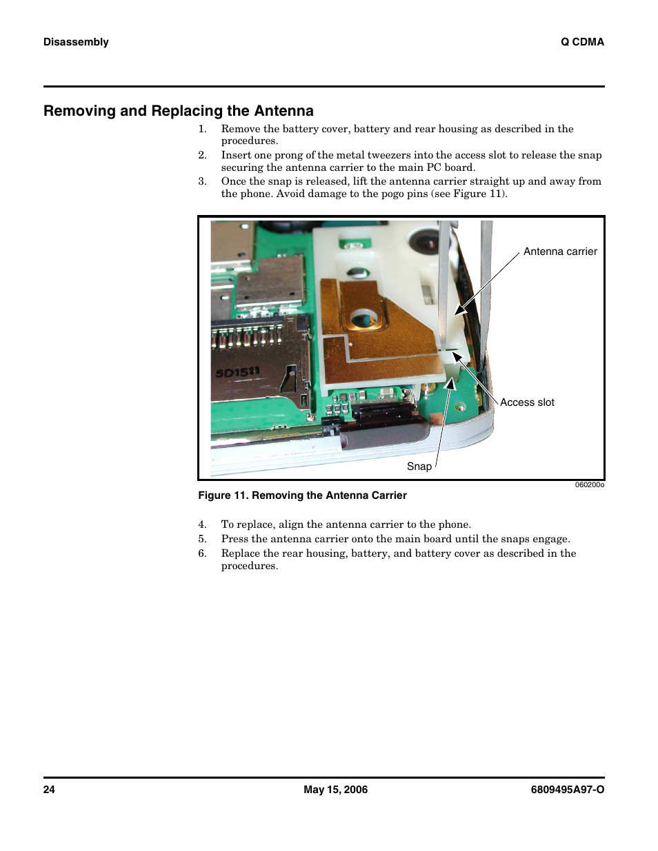 Removing and replacing the antenna | Motorola CDMA 800/1900 MHz User Manual | Page 24 / 48