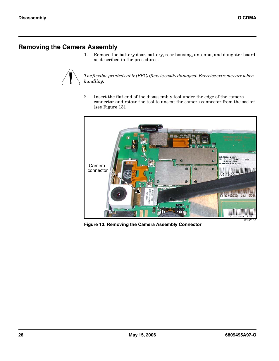 Removing the camera assembly | Motorola CDMA 800/1900 MHz User Manual | Page 26 / 48