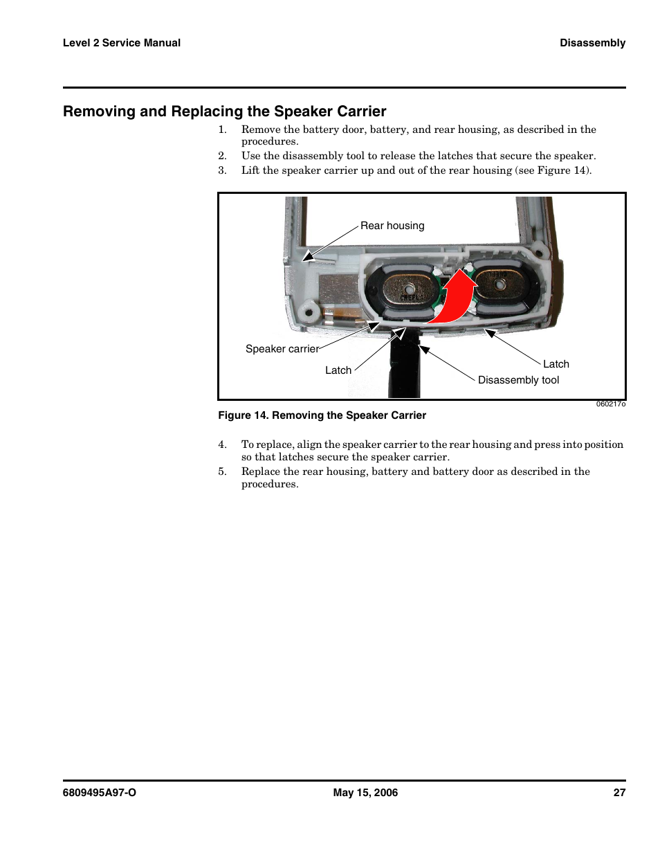 Removing and replacing the speaker carrier | Motorola CDMA 800/1900 MHz User Manual | Page 27 / 48