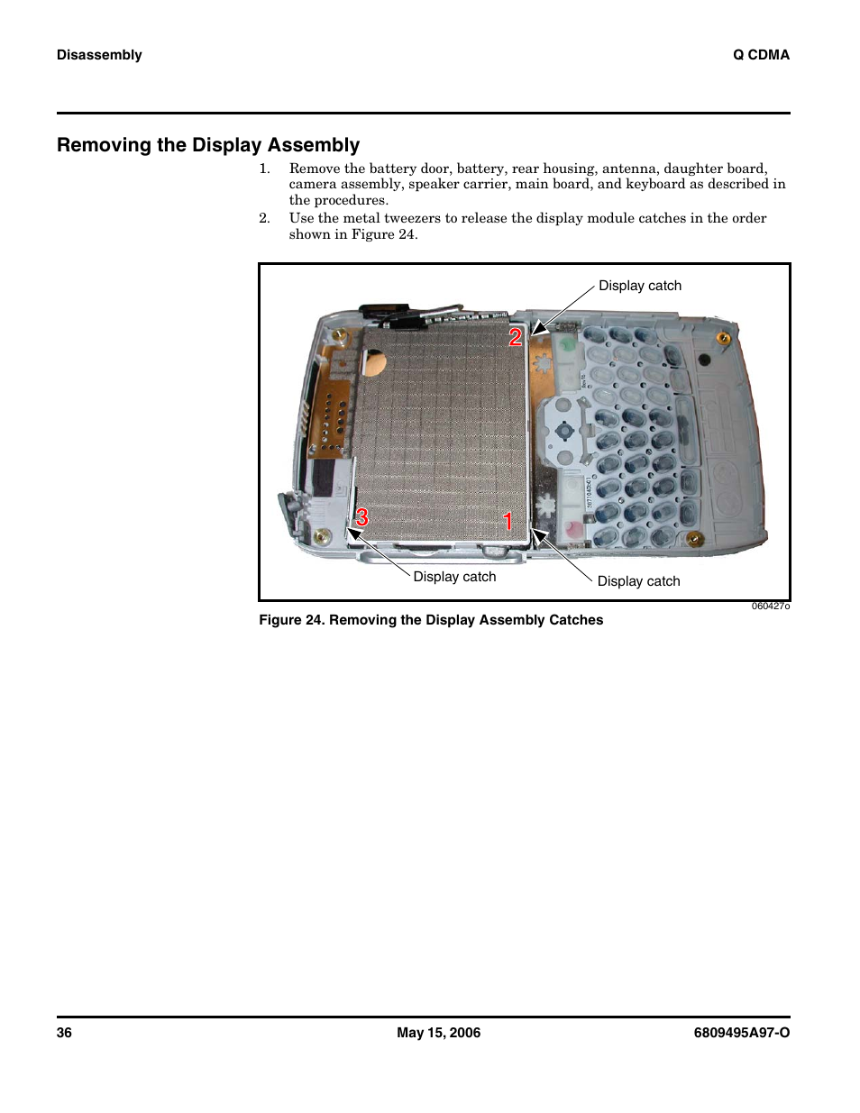 Removing the display assembly | Motorola CDMA 800/1900 MHz User Manual | Page 36 / 48