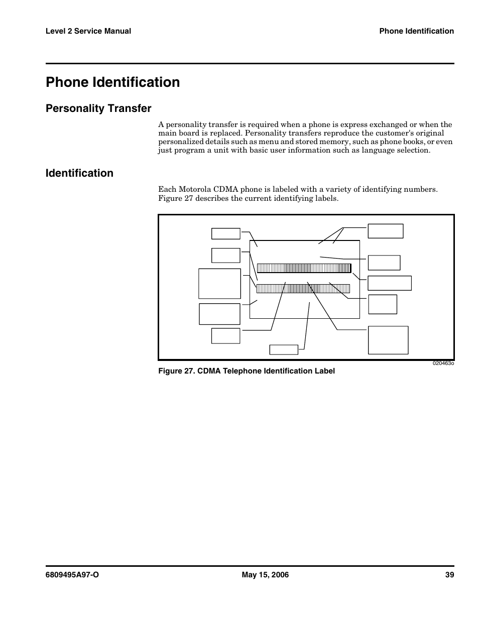 Phone identification, Personality transfer, Identification | Personality transfer identification | Motorola CDMA 800/1900 MHz User Manual | Page 39 / 48