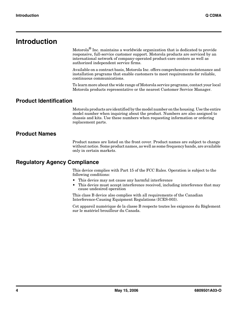 Introduction, Product identification, Product names | Regulatory agency compliance | Motorola CDMA 800/1900 MHz User Manual | Page 4 / 48