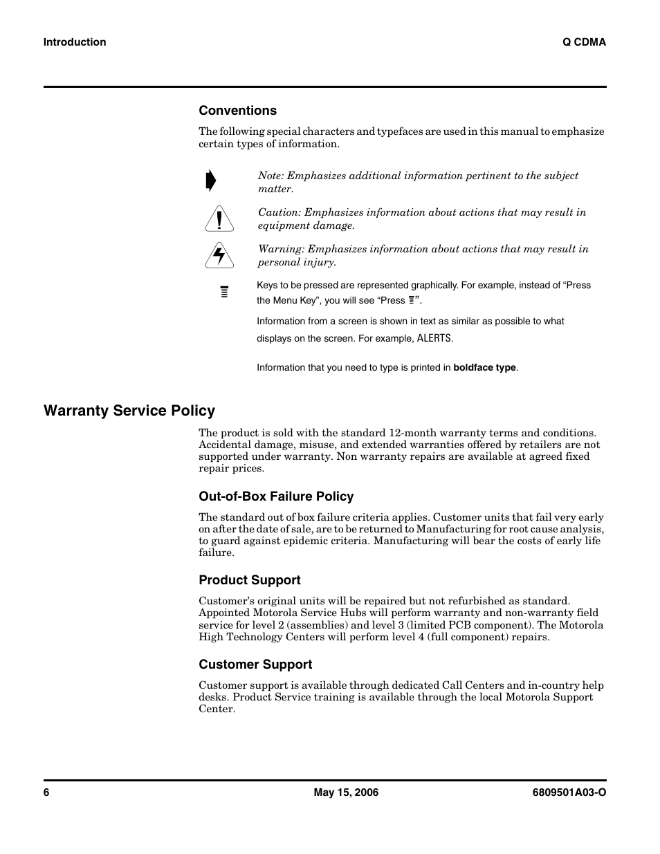 Warranty service policy | Motorola CDMA 800/1900 MHz User Manual | Page 6 / 48