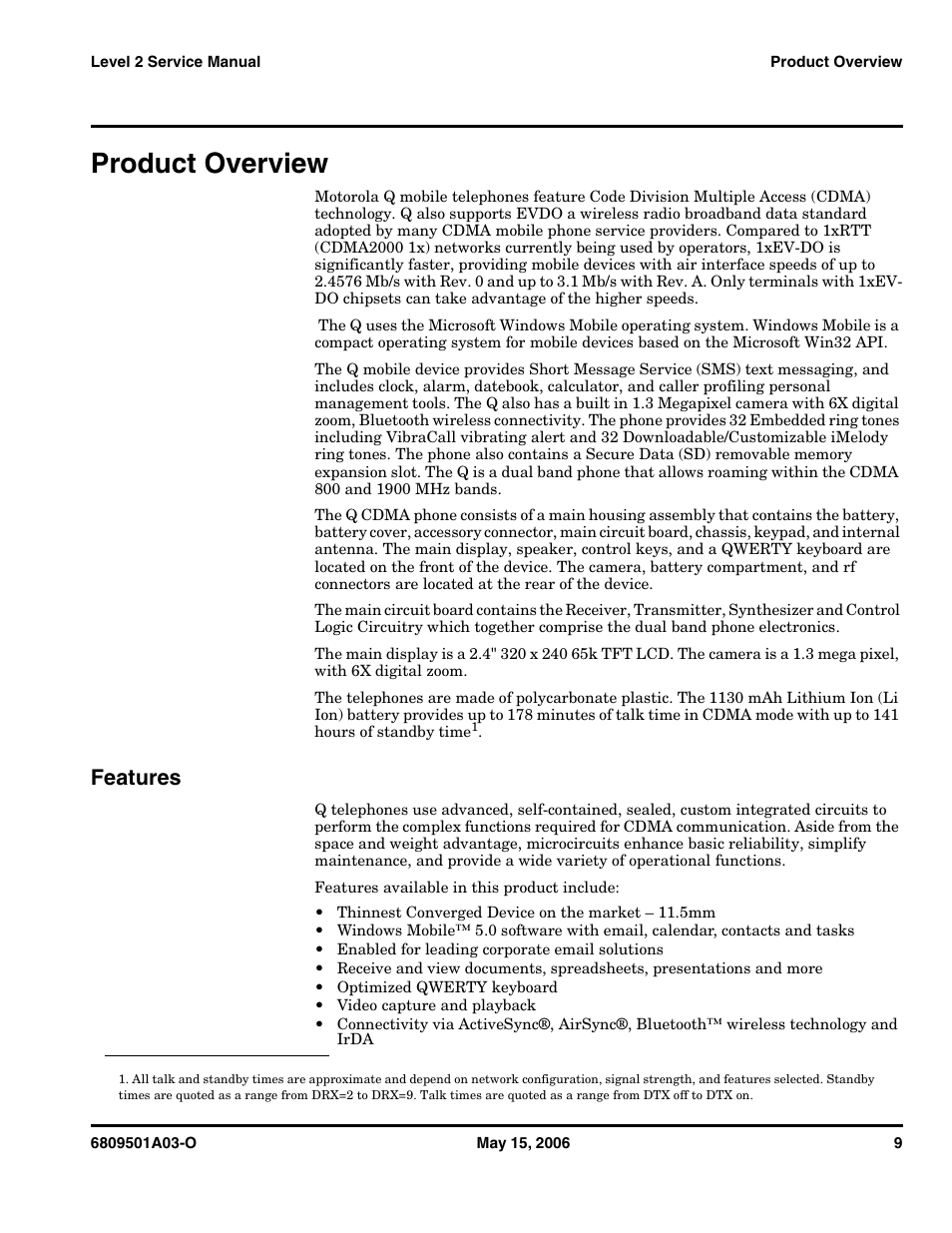 Product overview, Features | Motorola CDMA 800/1900 MHz User Manual | Page 9 / 48