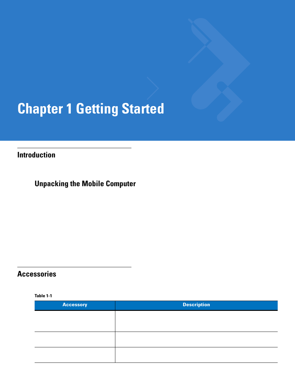 Getting started, Introduction, Accessories | Chapter 1: getting started, Introduction -1 accessories -1, Chapter 1, getting started, Chapter 1 getting started, Unpacking the mobile computer | Motorola MC1000 User Manual | Page 13 / 70