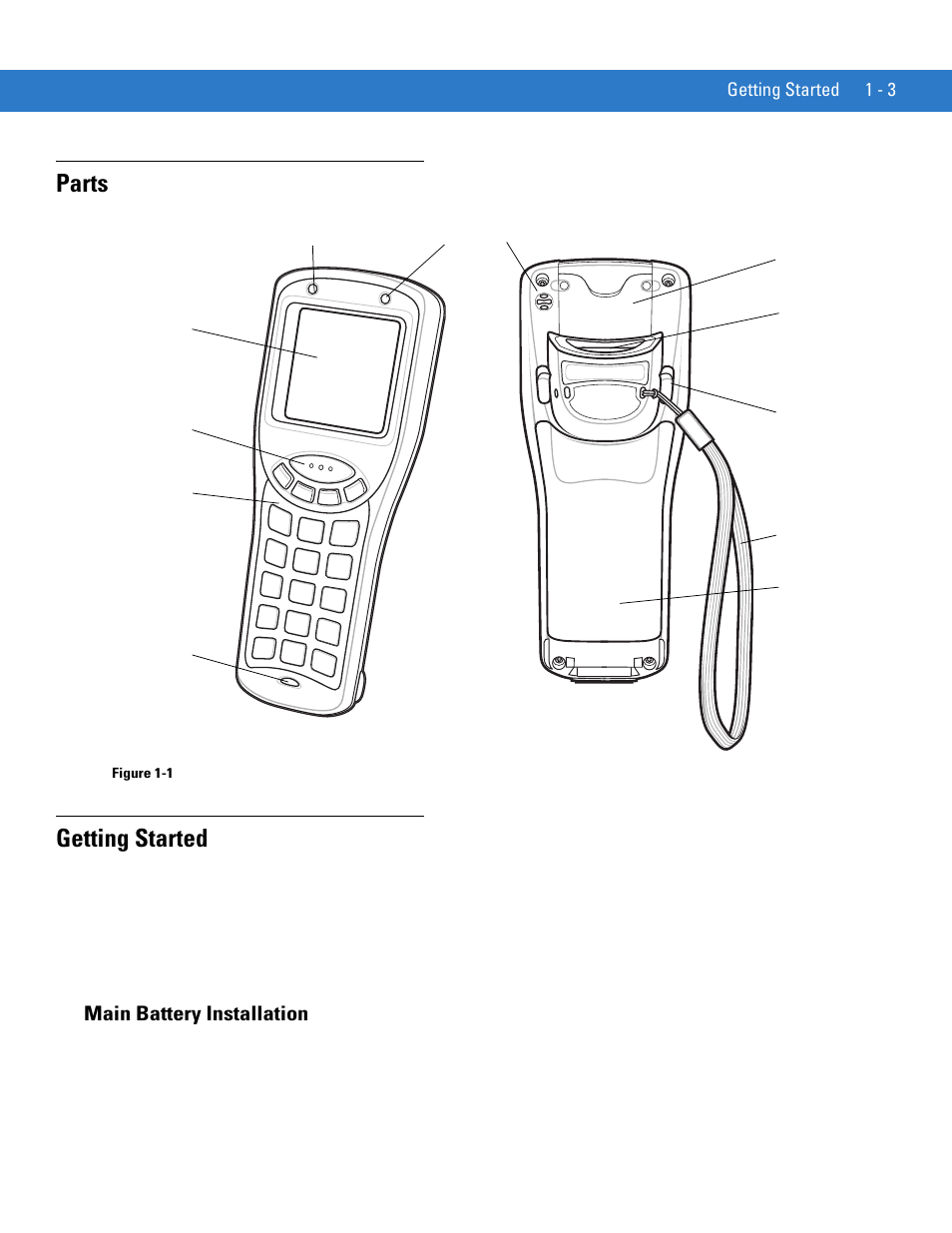 Parts, Getting started, Main battery installation | Parts -3 getting started -3, Main battery installation -3 | Motorola MC1000 User Manual | Page 15 / 70