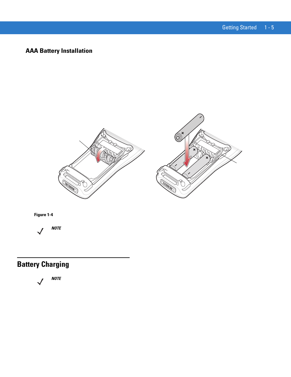 Aaa battery installation, Battery charging, Aaa battery installation -5 | Battery charging -5 | Motorola MC1000 User Manual | Page 17 / 70