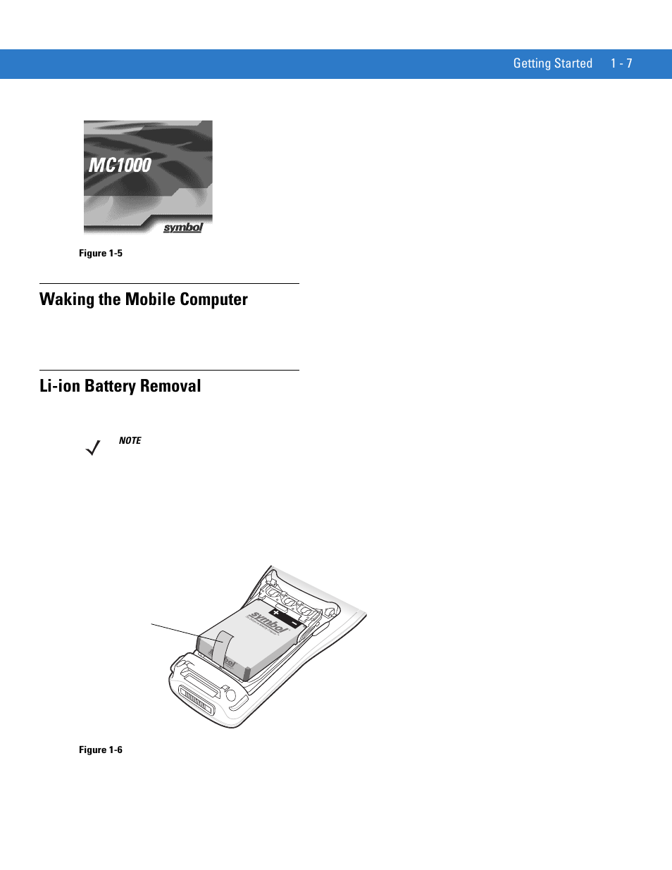 Waking the mobile computer, Li-ion battery removal | Motorola MC1000 User Manual | Page 19 / 70