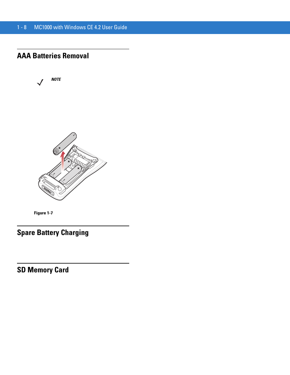 Aaa batteries removal, Spare battery charging, Sd memory card | Motorola MC1000 User Manual | Page 20 / 70