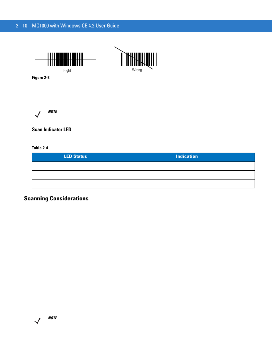 Scan indicator led, Scanning considerations, Scan indicator led -10 | Scanning considerations -10 | Motorola MC1000 User Manual | Page 34 / 70