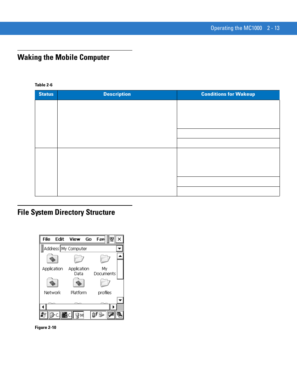 Waking the mobile computer, File system directory structure | Motorola MC1000 User Manual | Page 37 / 70