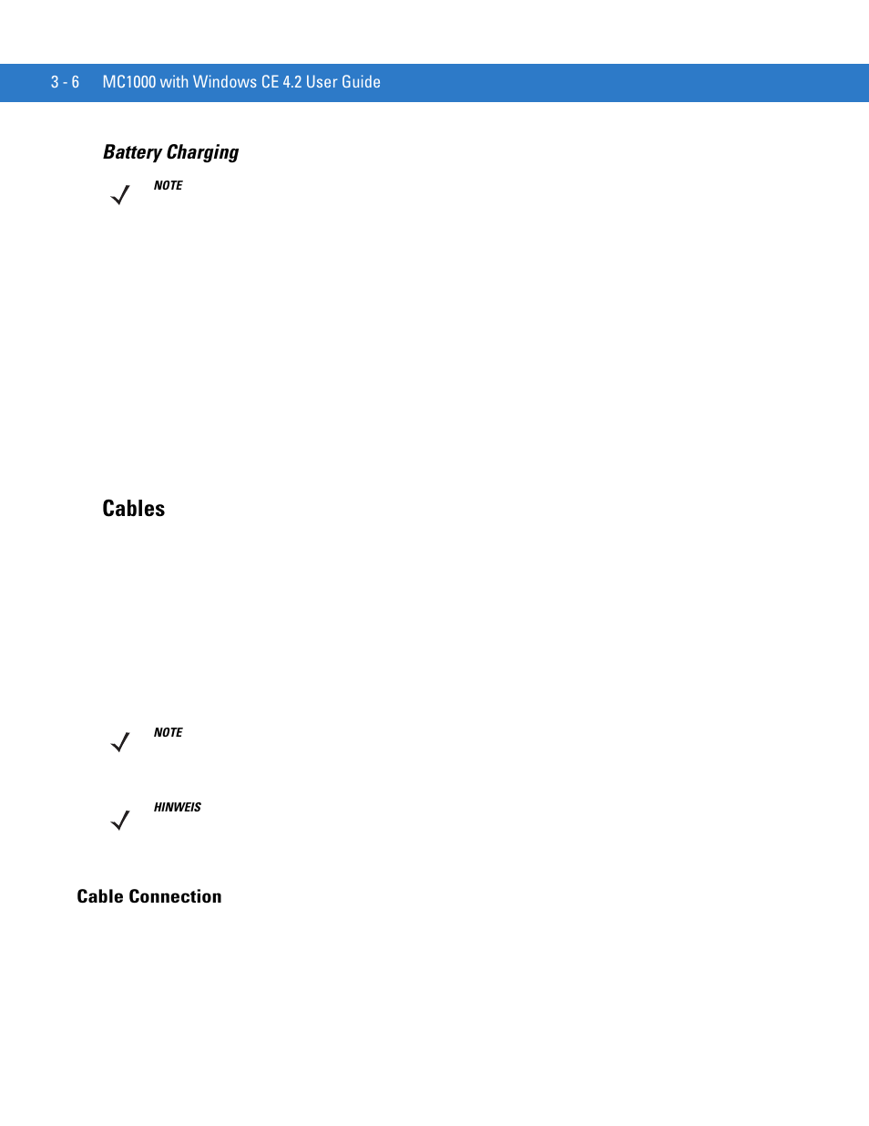 Cable connection, Cable connection -6, Cables | Battery charging | Motorola MC1000 User Manual | Page 44 / 70