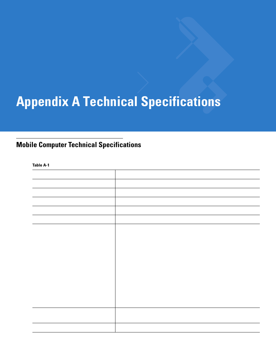 Technical specifications, Mobile computer technical specifications, Appendix a: technical specifications | Appendix a, technical specifications, Appendix a technical specifications | Motorola MC1000 User Manual | Page 53 / 70