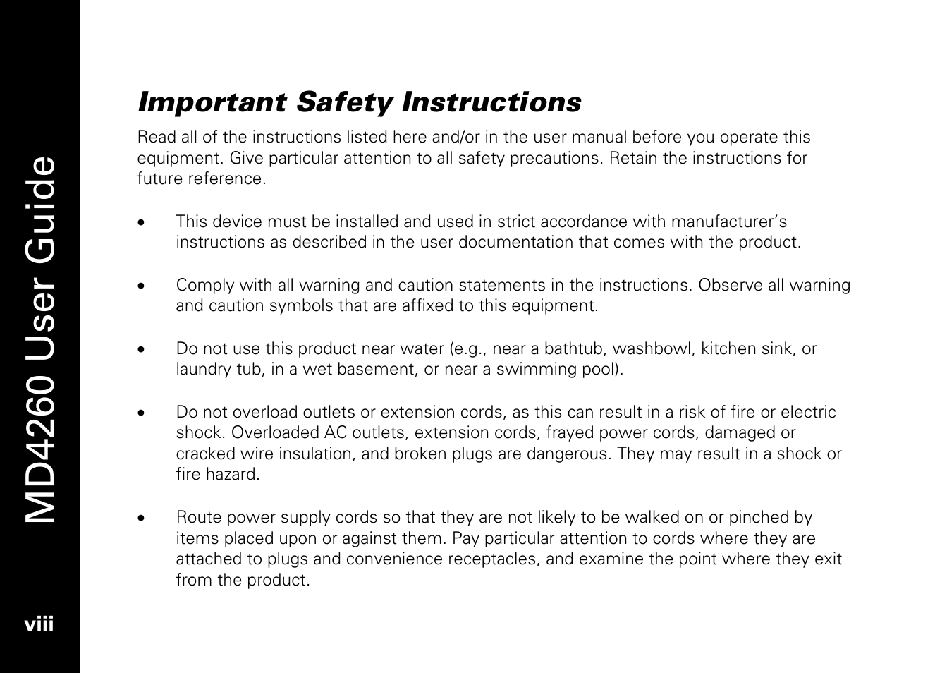 Important safety instructions, Viii, Md4260 user guide | Motorola MD4260 User Manual | Page 11 / 48