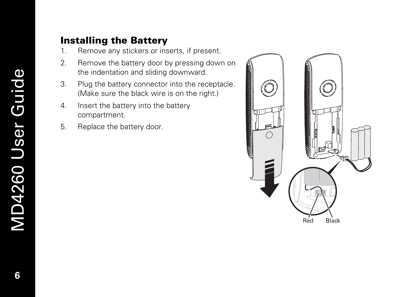 Installing the battery, Md4260 user guide | Motorola MD4260 User Manual | Page 19 / 48