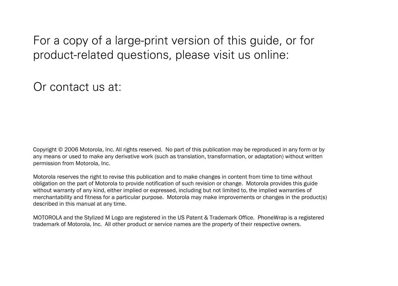 Or contact us at | Motorola MD4260 User Manual | Page 2 / 48