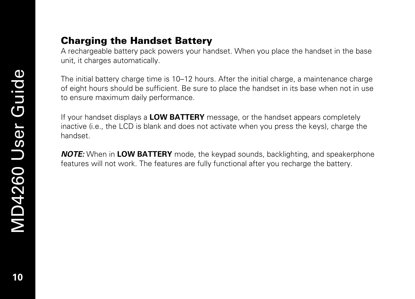 Charging the handset battery, Md4260 user guide | Motorola MD4260 User Manual | Page 23 / 48