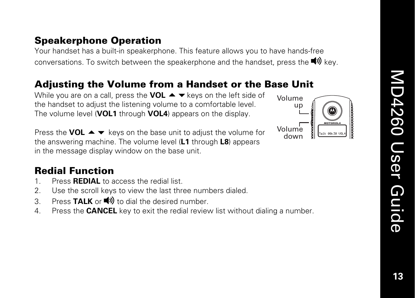 Speakerphone operation, Redial function, Md4260 user guide | 13 speakerphone operation | Motorola MD4260 User Manual | Page 26 / 48