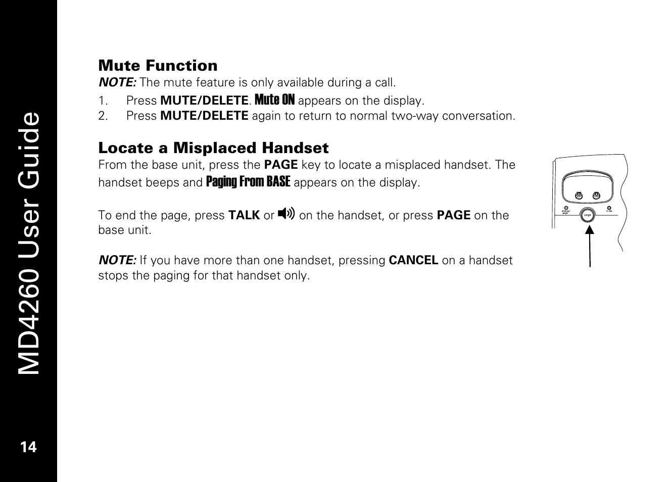 Mute function, Locate a misplaced handset, Md4260 user guide | Motorola MD4260 User Manual | Page 27 / 48