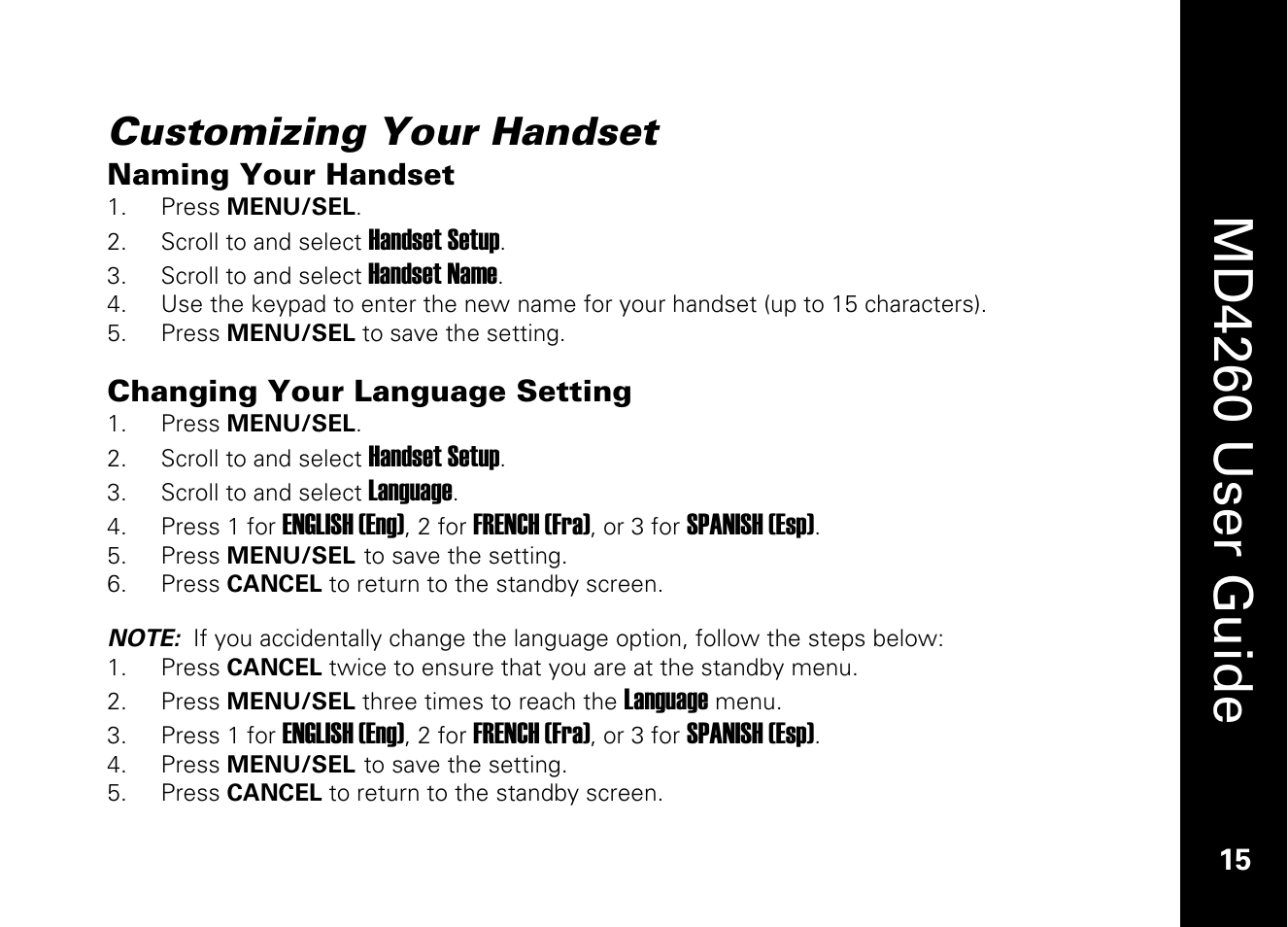 Customizing your handset, Naming your handset, Changing your language setting | Md4260 user guide | Motorola MD4260 User Manual | Page 28 / 48