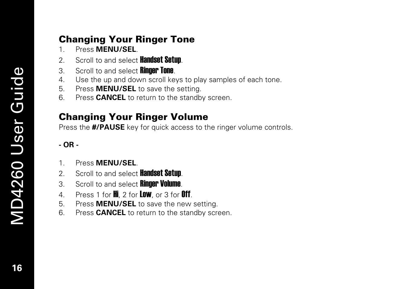 Changing your ringer tone, Changing your ringer volume, Md4260 user guide | Motorola MD4260 User Manual | Page 29 / 48