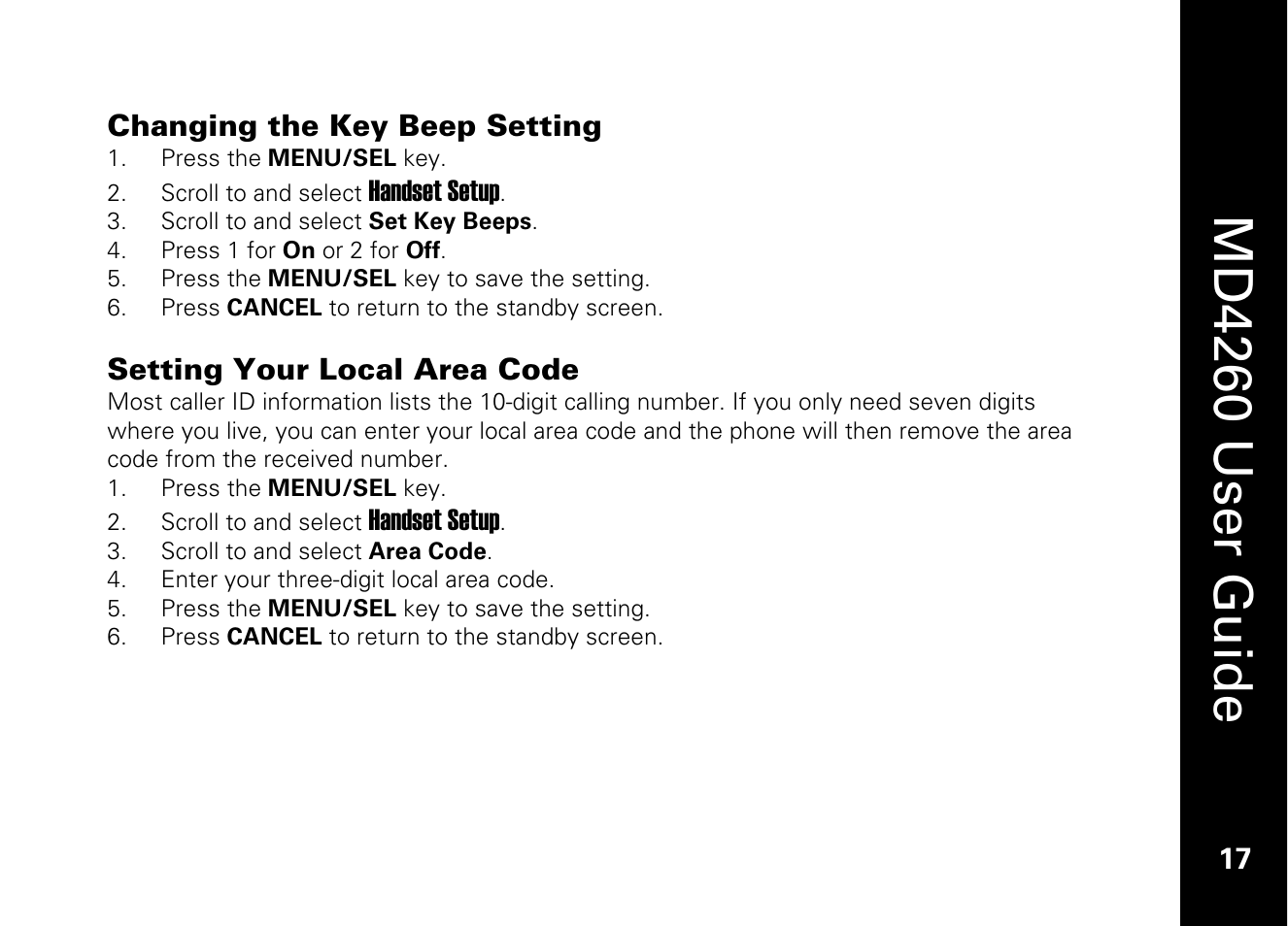 Changing the key beep setting, Setting your local area code, Md4260 user guide | Motorola MD4260 User Manual | Page 30 / 48