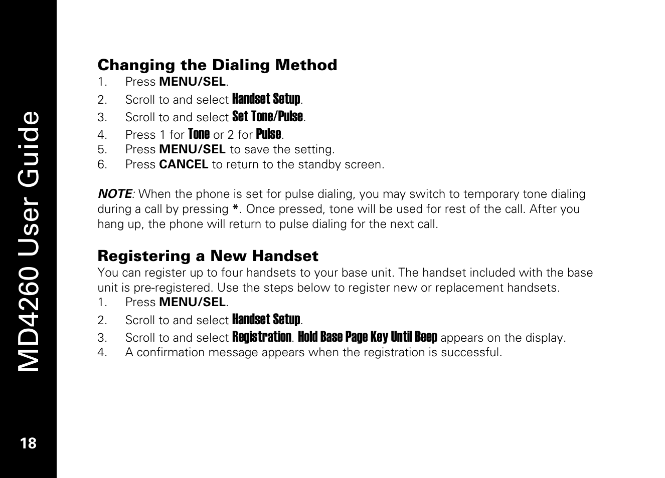 Changing the dialing method, Registering a new handset, Md4260 user guide | Motorola MD4260 User Manual | Page 31 / 48