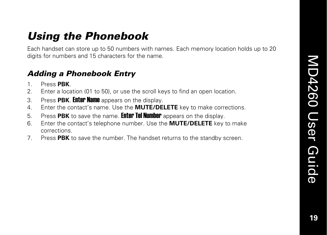 Using the phonebook, Adding a phonebook entry, Md4260 user guide | Motorola MD4260 User Manual | Page 32 / 48