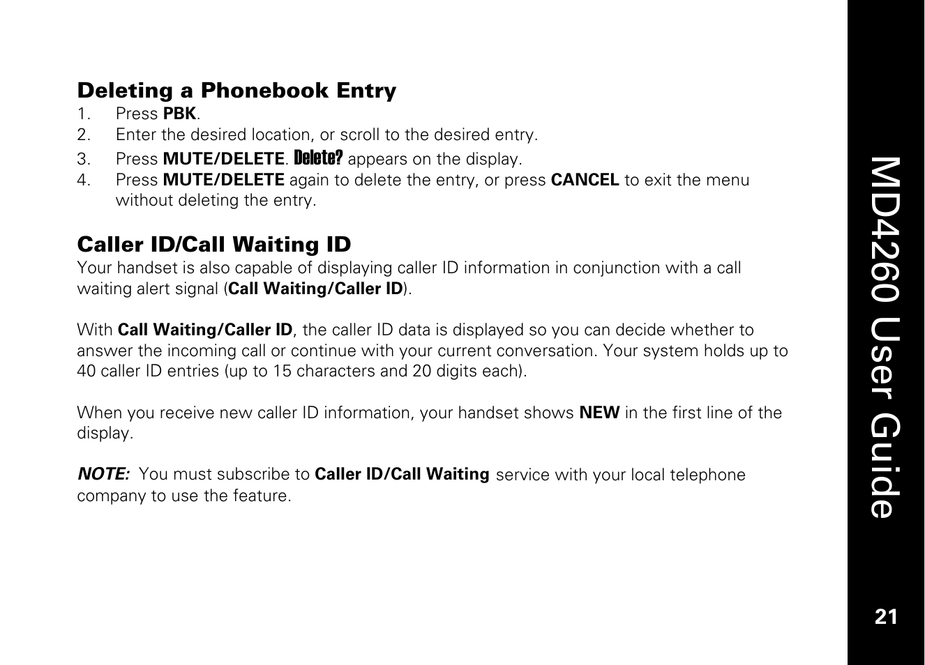 Deleting a phonebook entry, Caller id/call waiting id, Md4260 user guide | Motorola MD4260 User Manual | Page 34 / 48