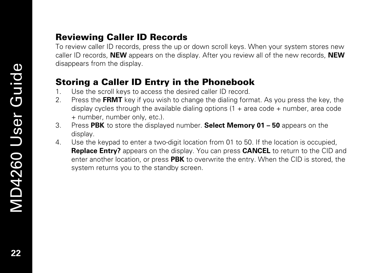 Reviewing caller id records, Storing a caller id entry in the phonebook, Md4260 user guide | Motorola MD4260 User Manual | Page 35 / 48