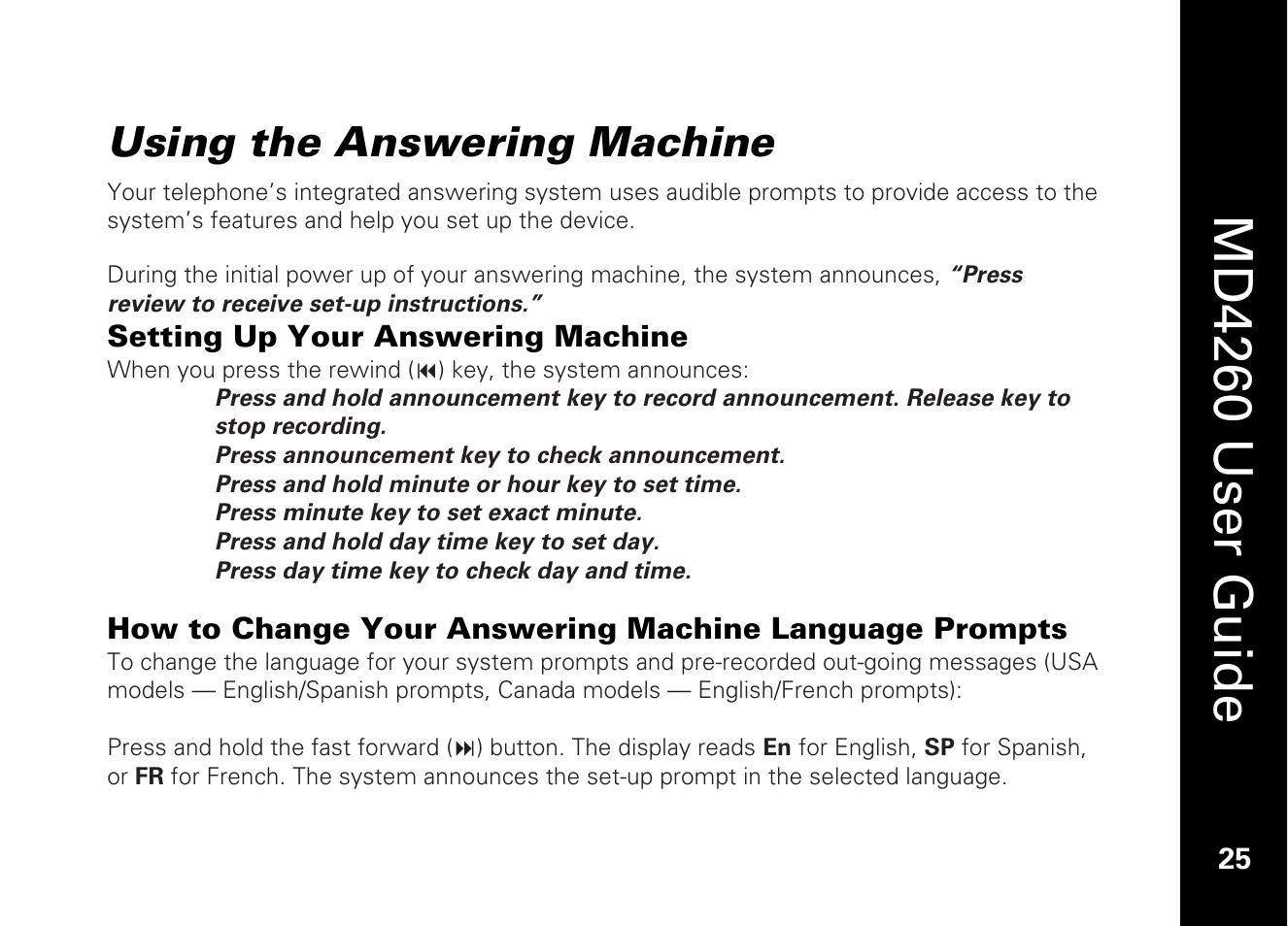 Using the answering machine, Setting up your answering machine, Md4260 user guide | Motorola MD4260 User Manual | Page 38 / 48