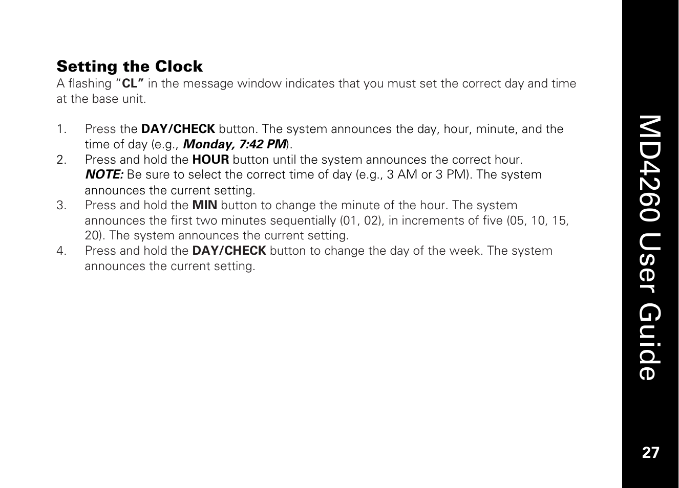 Setting the clock, Md4260 user guide | Motorola MD4260 User Manual | Page 40 / 48