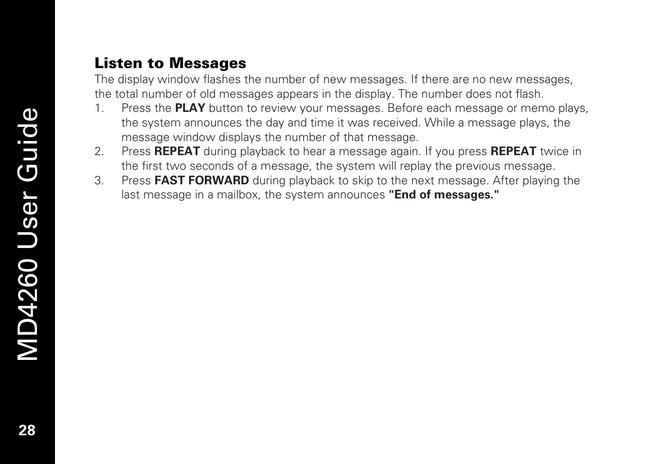 Listen to messages, Md4260 user guide | Motorola MD4260 User Manual | Page 41 / 48