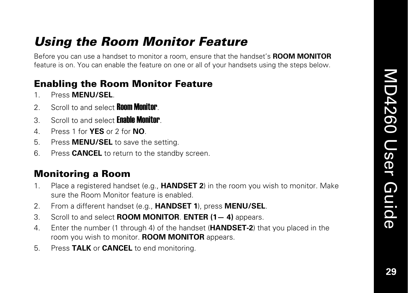 Using the room monitor feature, Enabling the room monitor feature, Monitoring a room | Md4260 user guide | Motorola MD4260 User Manual | Page 42 / 48