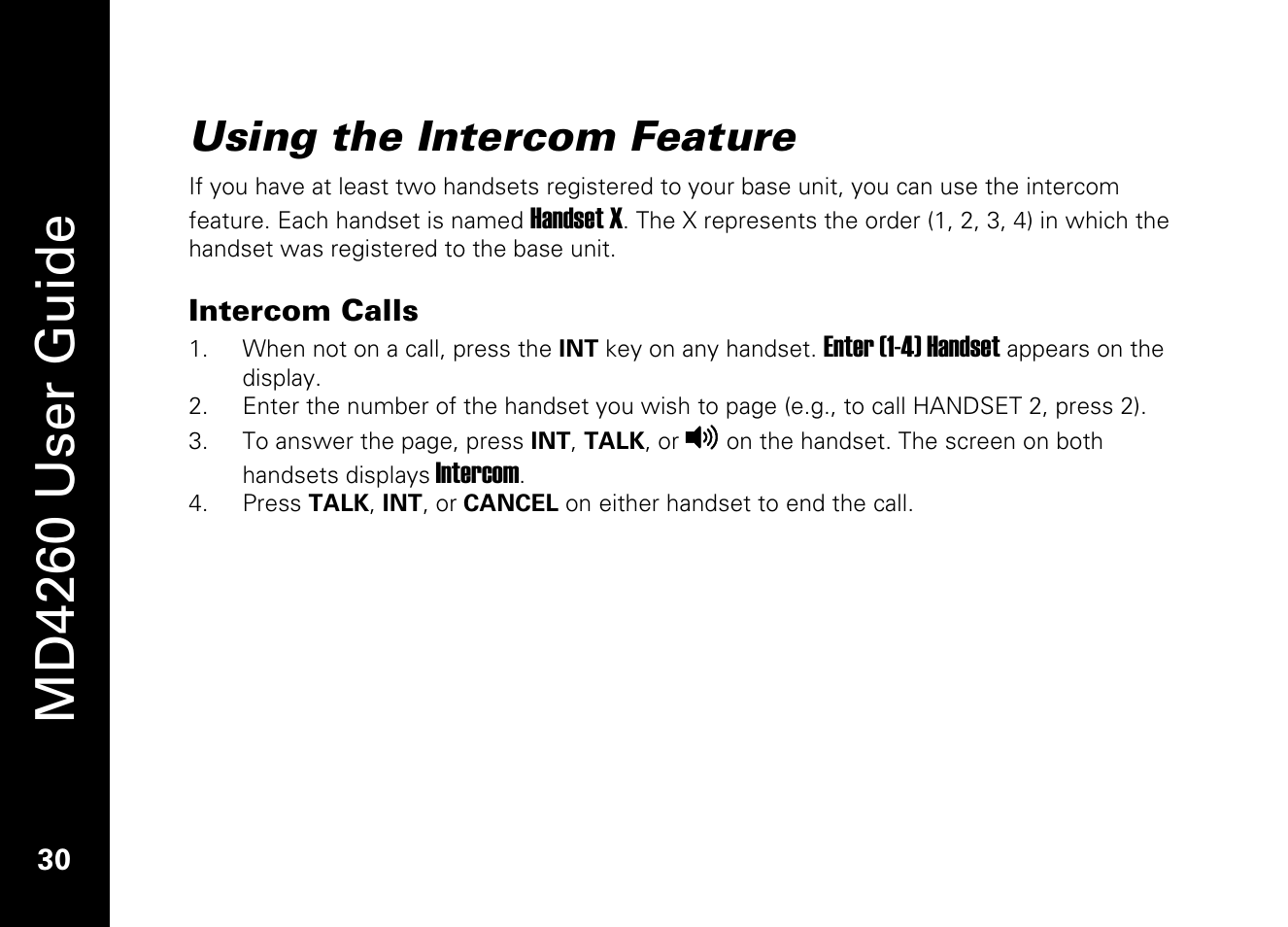 Using the intercom feature, Intercom calls, Md4260 user guide | Motorola MD4260 User Manual | Page 43 / 48