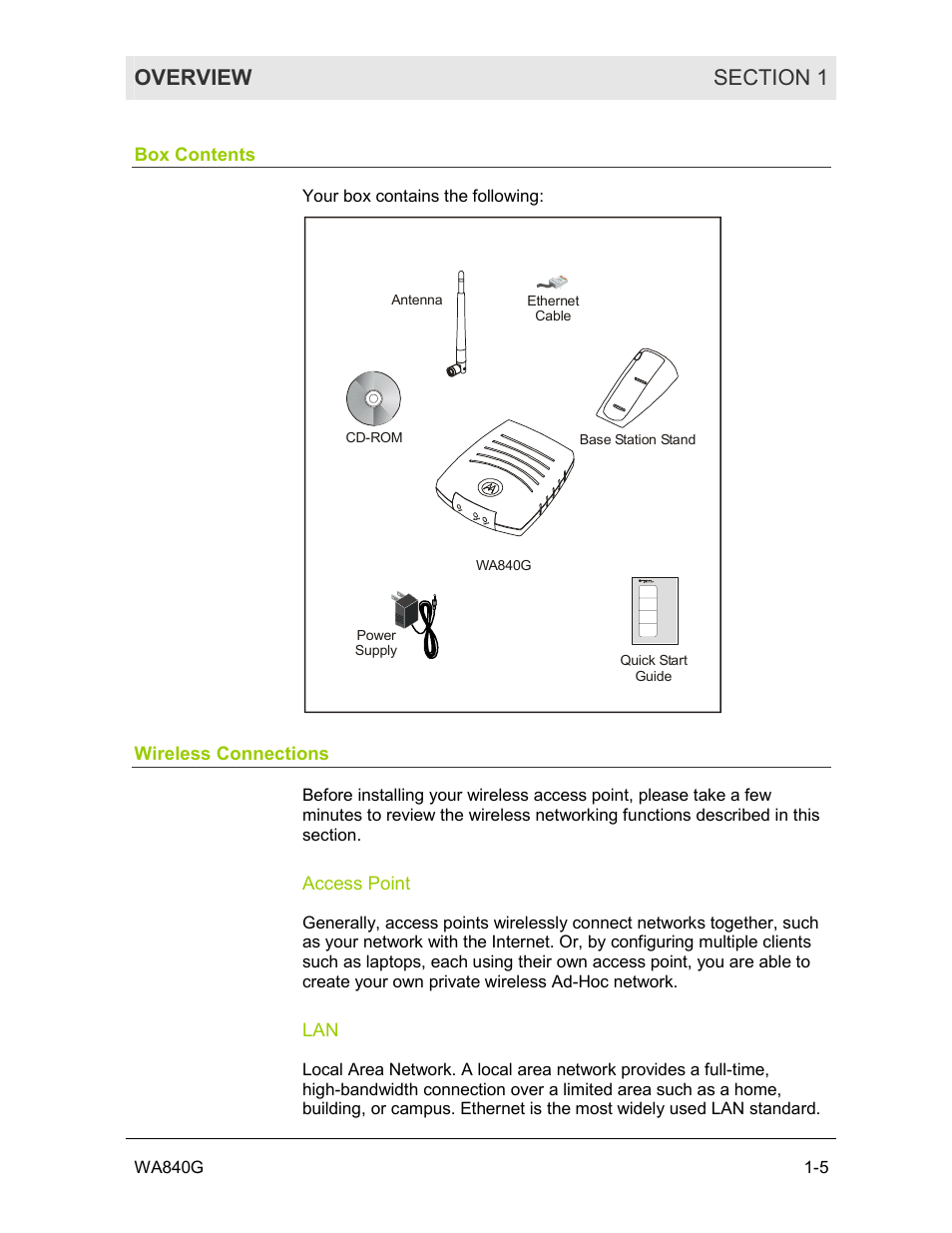 Box contents, Wireless connections, Access point | Motorola WA840G User Manual | Page 10 / 77