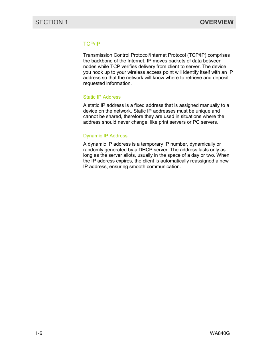 Tcp/ip, Static ip address, Dynamic ip address | Motorola WA840G User Manual | Page 11 / 77