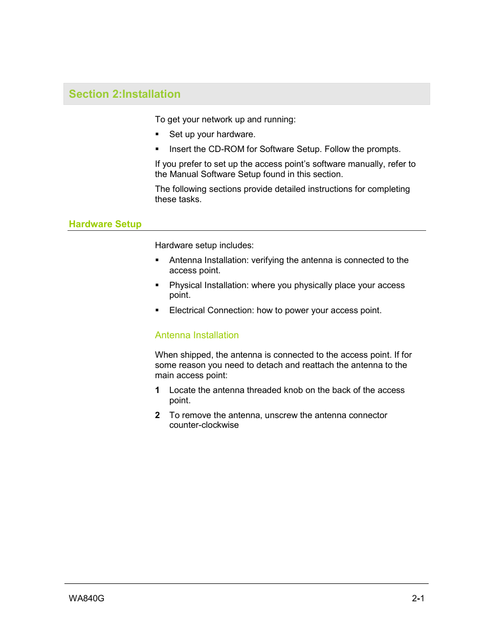 Section 2:installation, Hardware setup, Antenna installation | Motorola WA840G User Manual | Page 18 / 77