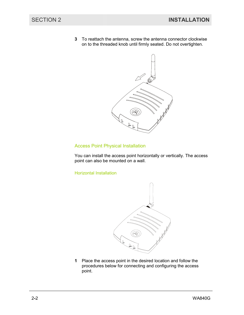 Access point physical installation, Horizontal installation | Motorola WA840G User Manual | Page 19 / 77