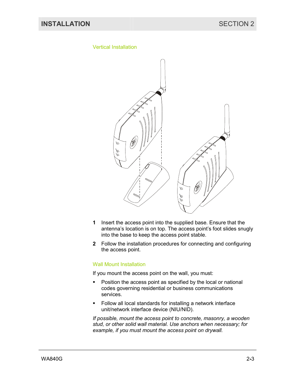 Vertical installation, Wall mount installation | Motorola WA840G User Manual | Page 20 / 77