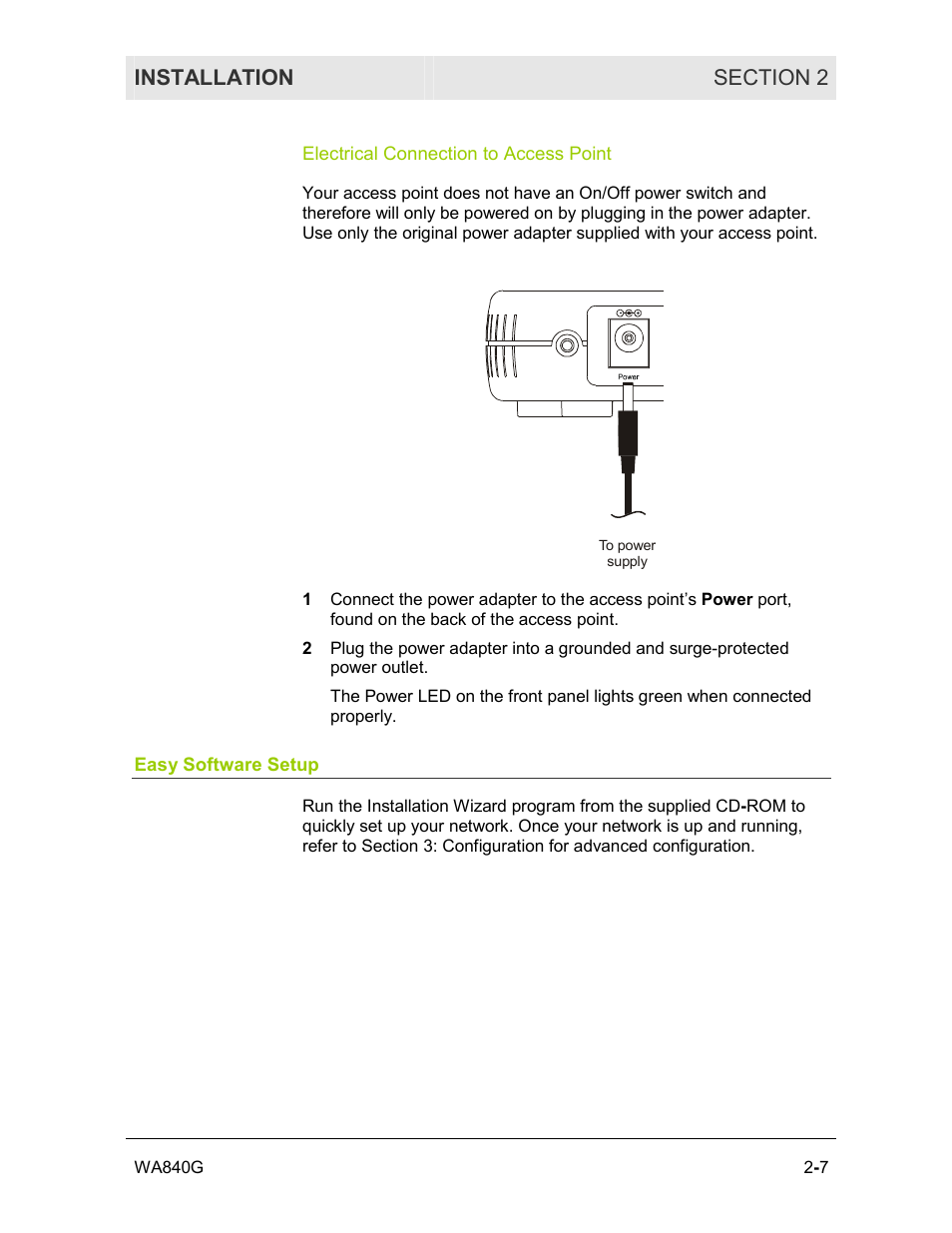 Electrical connection to access point, Easy software setup | Motorola WA840G User Manual | Page 24 / 77